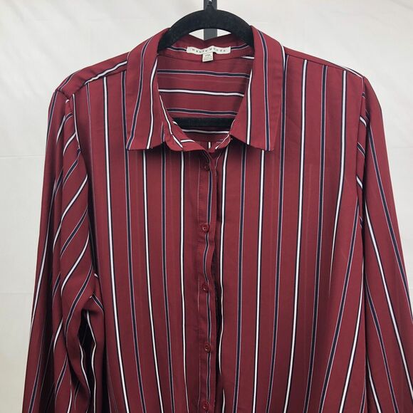 Haute Monde Button Up Blouse Women 2XL Maroon Stripe Semi Sheer Tie Waist & Cuff - Picture 11 of 12
